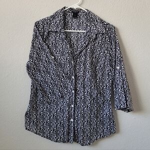 Ann Taylor Black and White Geometric Button Down Shirt Blouse